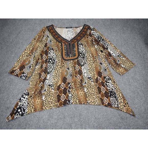 Notations Tunic Blouse Women's Plus Size 2X Brown Embroidered Boho Embellished* - Picture 1 of 11